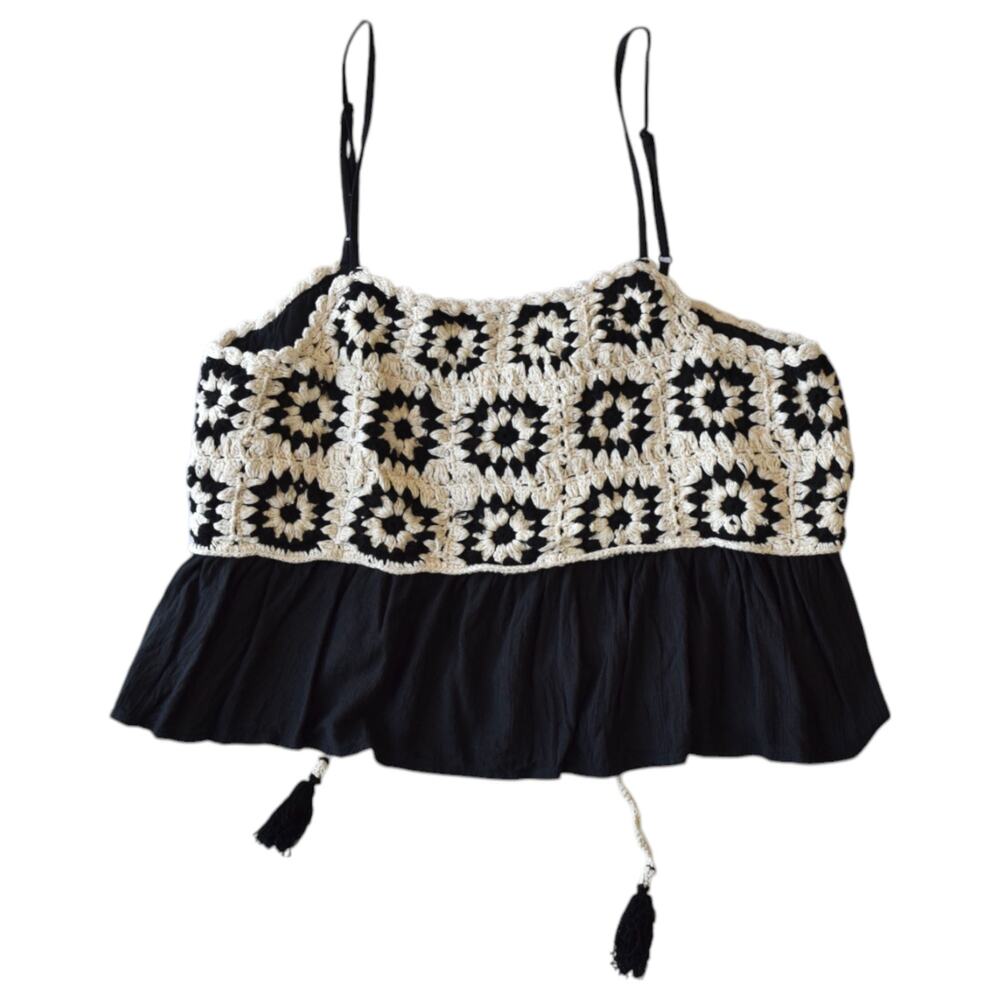 Lucky Brand Crochet Crop Top Black Cream Boho Cami (Size Large)
